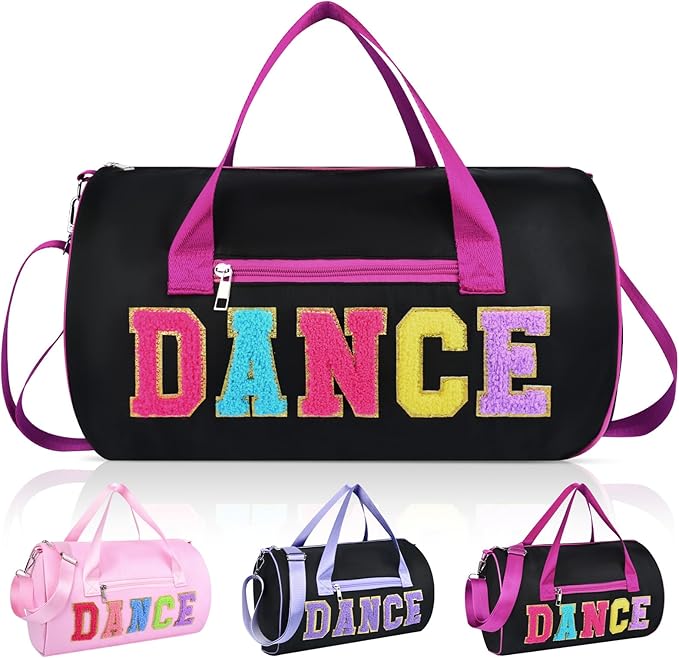 Dance Bag for Girls, KUIRAN 23L Waterproof Travel Duffel Bag with Colorful Chenille Letter, Lightweight Small Gym Sport Ballet Bag Weekender Bag with Large Main Compartment 15"Lx9"Wx9"H - Black