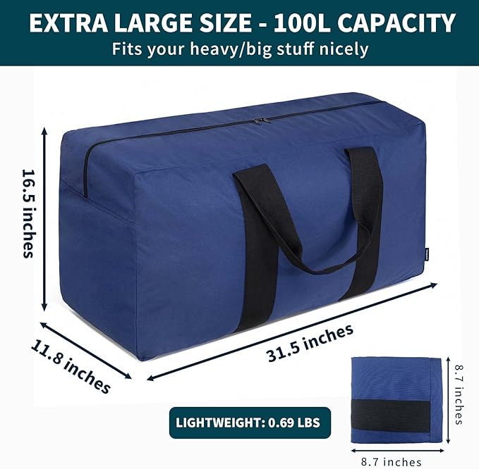 Vorspack Extra Large Duffle Bag for Travel - 100L Duffel Bag for Men Gear Bag for Storage Foldable Weekender Bag for Overnight Camping - Blue