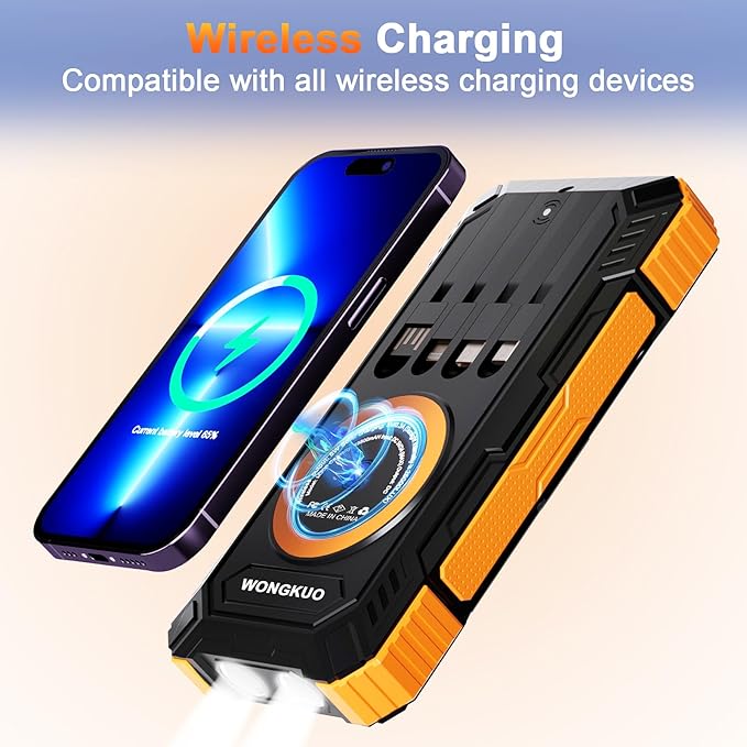 WONGKUO Solar Charger Power Bank - 49800mAh Solar Phone Charger with USB-C in/Output, QC 3.0 Fast Charging with LED Flashlight, Built-in 4 Cables, IP65 Waterproof Fits for Outdoor (Matte Orange)