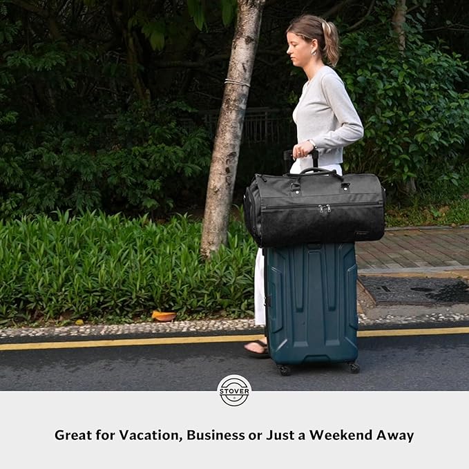 STOVER Garment Travel Duffle Bag, Large 2-in-1 Convertible Carry-on Luggage for Men & Women- Hanging Suits, Dresses & Clothes + Shoe Compartment- Weekender Tote Combo Duffel (Black Leatherette)