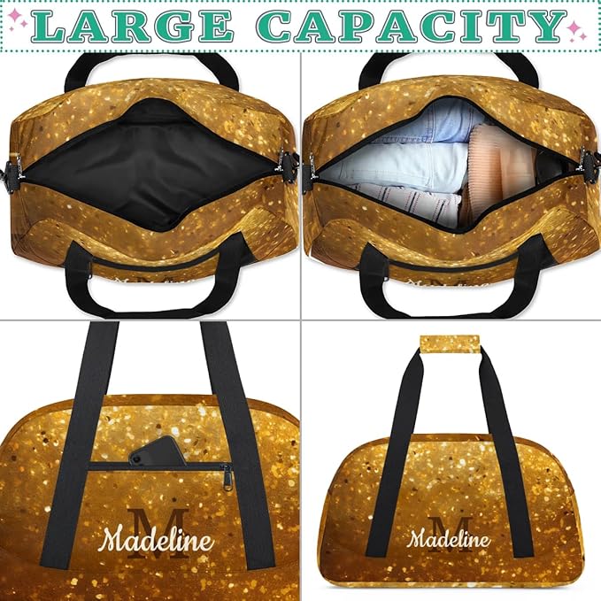 Personalized Kids Sports Duffel Bag with Name Custom Weekender Overnight Bag for Boys Girls Gym Bag Travel Dance Gymnastics Duffel Bag, Golden Glitter Gold Shiny