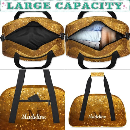 Personalized Kids Sports Duffel Bag with Name Custom Weekender Overnight Bag for Boys Girls Gym Bag Travel Dance Gymnastics Duffel Bag, Golden Glitter Gold Shiny