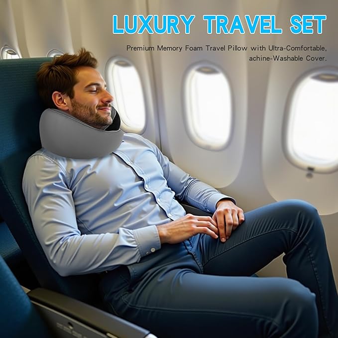 Adjustable Memory Foam Grey U-Shaped Travel Pillow with Luxurious Knitted Cotton Cover, Slow-Rebound Design for Airplane Travel and Neck Comfort, Perfect Traveler Gift