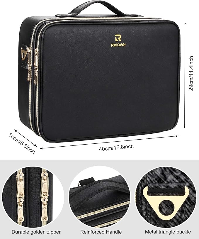 Relavel Makeup Case Large Makeup Bag Professional Train Case 16.5 inches Travel Cosmetic Organizer Brush Holder Waterproof Makeup Artist Storage Box, Large Capacity (Leather Black)