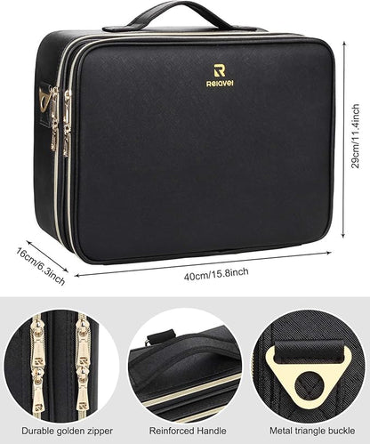 Relavel Makeup Case Large Makeup Bag Professional Train Case 16.5 inches Travel Cosmetic Organizer Brush Holder Waterproof Makeup Artist Storage Box, Large Capacity (Leather Black)