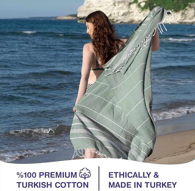 Turkish Beach Towels, Bulk Case of 12 | Oversized, Quick Dry, Sand Free | 100% Cotton, Large 38x71 Towels for Beach, Pool, Travel | Ultra-Soft, Compact, Absorbent | Light Green
