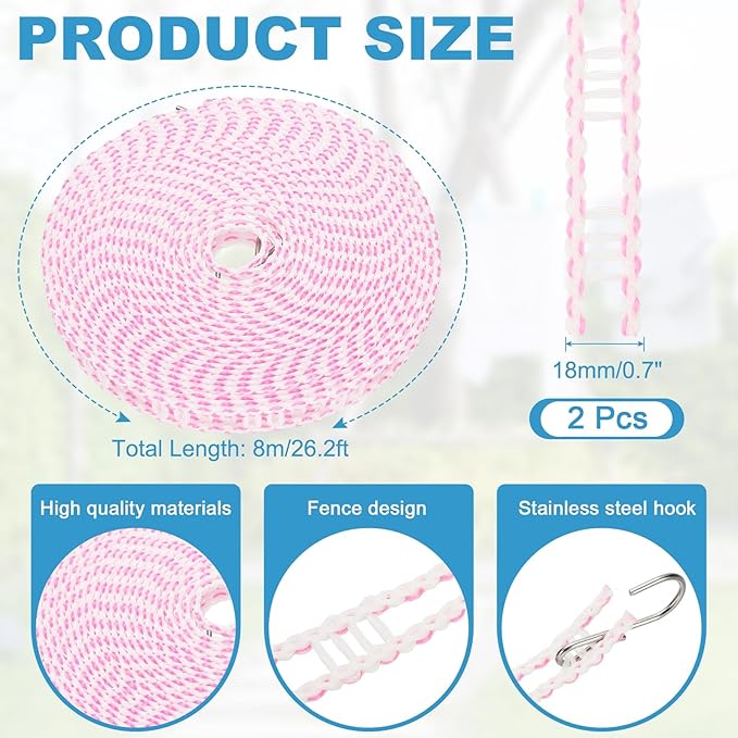 uxcell 2 Pcs Portable Travel Clothesline, 26.2ft Clothes Line Outdoors Travel Hanger Foldable Clothesline Rope with Hooks for Camping Hotel Backyard Home Cruise Ship, Pink
