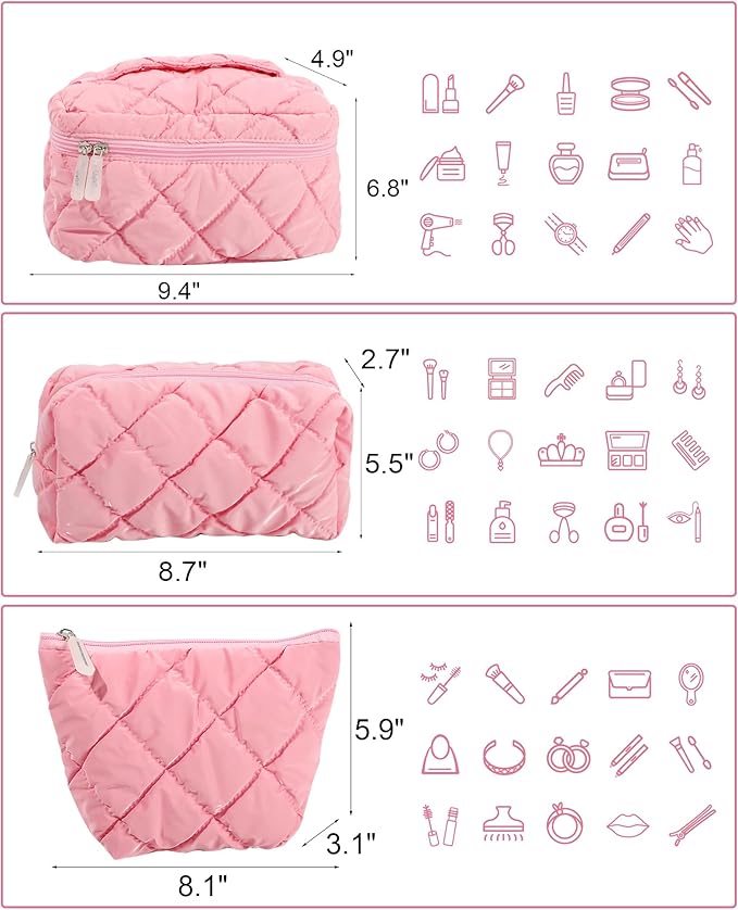 Travel Makeup Bag for Women, Large Waterproof Cosmetic Organizer with 3-piece Set, Toiletry Bag for Gym/College/Gifts | Cute Aesthetic Design (Pink)