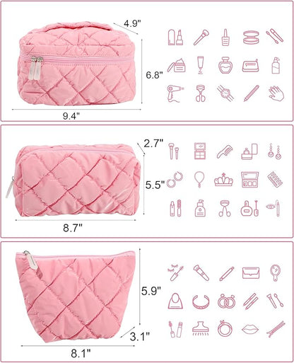 Travel Makeup Bag for Women, Large Waterproof Cosmetic Organizer with 3-piece Set, Toiletry Bag for Gym/College/Gifts | Cute Aesthetic Design (Pink)