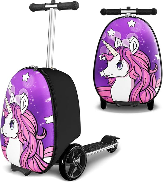 2-in-1 Ride-On Scooter Suitcase, Scooter Luggage for Kids Ages 5-12, Foldable & Lightweight Carry with LED Light-Up Wheels