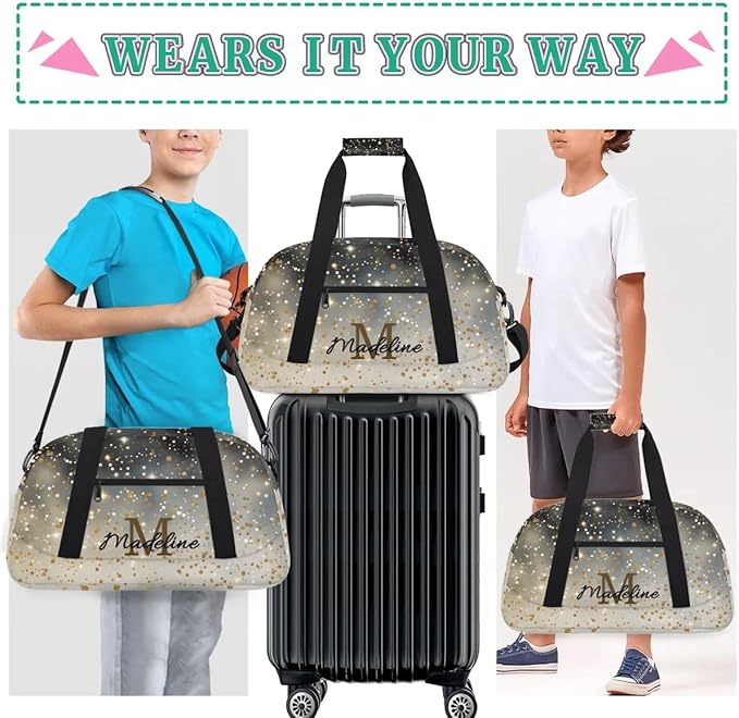 Personalized Kids Sports Duffel Bag with Name Custom Weekender Overnight Bag for Boys Girls Gym Bag Travel Dance Gymnastics Duffel Bag, Black Glitter Yellow Shiny