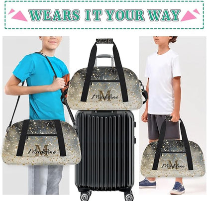 Personalized Kids Sports Duffel Bag with Name Custom Weekender Overnight Bag for Boys Girls Gym Bag Travel Dance Gymnastics Duffel Bag, Black Glitter Yellow Shiny