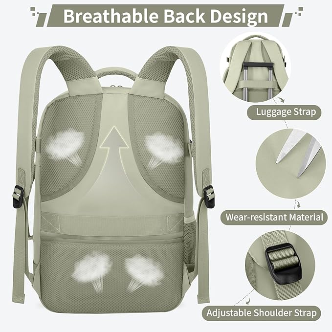 ZOMFELT Travel Backpack for Women Men, Carry On Backpack, TSA 15.6inch Laptop Backpack Flight Approved, Personal Item Travel Bag Nurse Bag Casual Daypack for Weekender Business Trip, Green