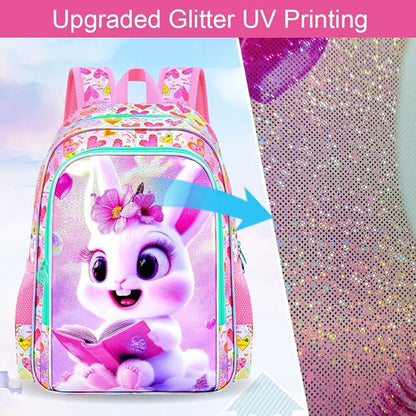 WZLVO 3PCS Rabbit Bookbag for Girls, 16" Glittery UV Printing Kids Backpack/School Bag with Lunch Box & Pencil Bag for Preschool to Elementary - Reading Rabbit Pink