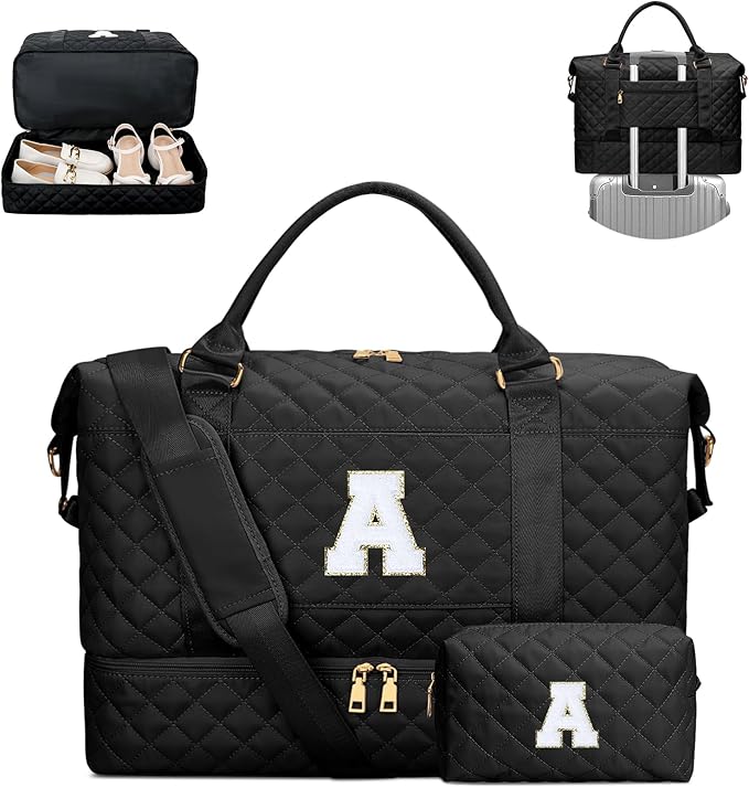 Gifts for Women Girls Initial Travel Duffle Bag Quilted Weekender Carry-On Overnight with Cosmetic Bag, Gym Bag with Shoe Compartment, Black A