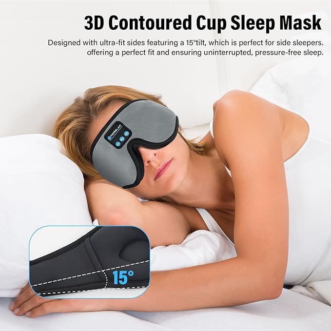 Sleep Mask with Bluetooth Headphones,3D Sleep Mask Wireless Music Eye Mask for Side/Supine Sleepers, with Slim Stereo Speakers,Bluetooth Sleep Headphones,Perfect for Sleeping,Gifts for Women/Men Grey