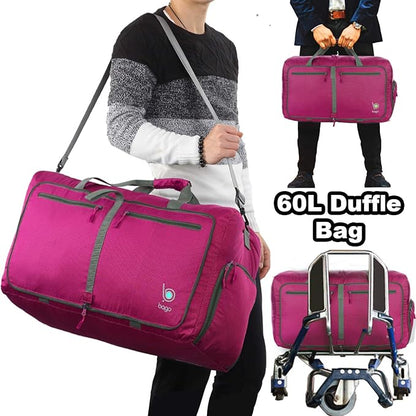 Bago Foldable Duffel Bags for Traveling Women & Men - 60L Medium Packable Duffle Bag for Travel with Shoe Compartment - Water Repellant, Heavy Duty, Lightweight Folding & Collapsible (Pink)