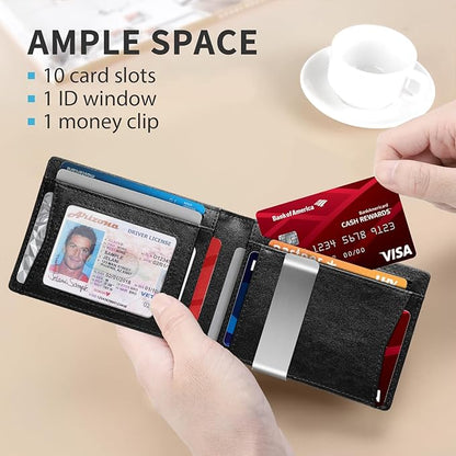 RUNBOX Money Clip Slim Wallets for Men RFID Blocking 11 Card Holder Minimalist Small Leather Bifold Men's Front Pocket Wallet Gift Box