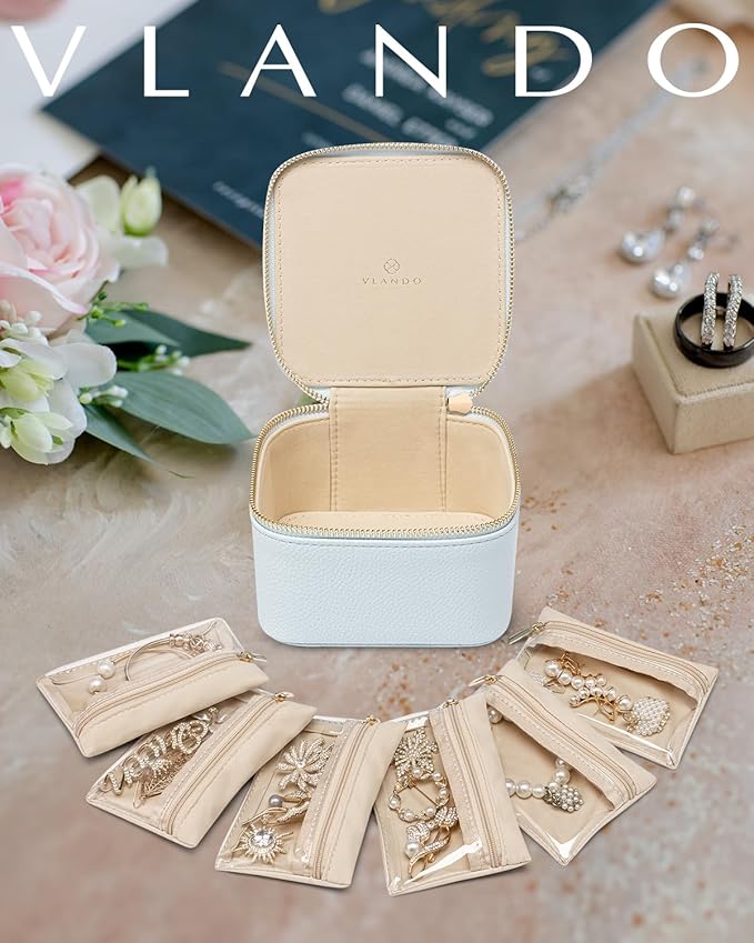 Vlando Small Jewelry Organizer,Travel Jewelry Case with 6 Velvet Jewelry Zipper Bags for Girls,Ideas Gifts for Christmas Wedding,Birthday,Graduation-Baby Blue