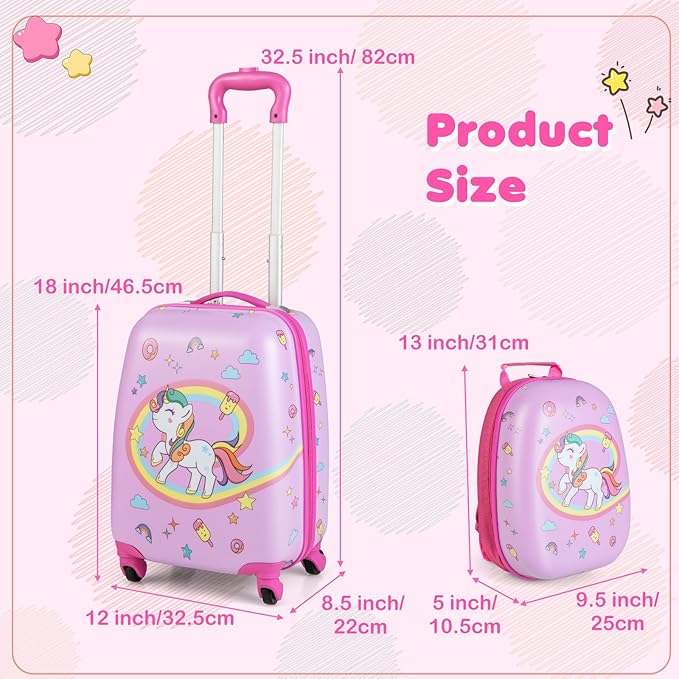 KOTEK Kids Carry On Luggage Set, 16" Hardside Rolling Suitcase with Spinner Wheels, Travel Rolling Luggage for Boys Girls (Pink Unicorn)