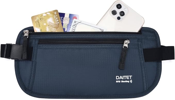 RFID Blocking Money Belt for Men Women, Slim Fanny Pack For Travel，Running,Conceal Waist Wallet For Passport Holder,Phone,Cash(Dark Blue)