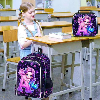 WZLVO 3PCS Mermaid Backpack Set, 16" Glittery UV Printing Girls Bookbag/School Bag with Lunch Box & Pencil Bag for Preschool to Elementary - Mermaid Holding Letter A