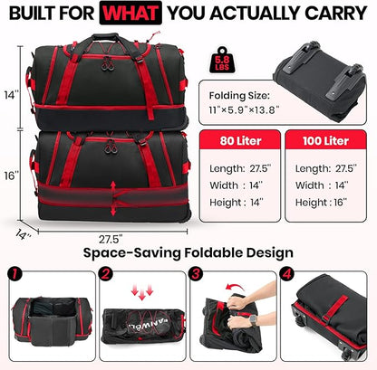 Fanwoli 85L 100L Large Rolling Duffle Bag with Shoes Compartment, 30’’ Expandable & Foldable Heavy Duty Water Resistant Travel Backpack, Convertible Foldable Duffel for Gym Camping Weekender