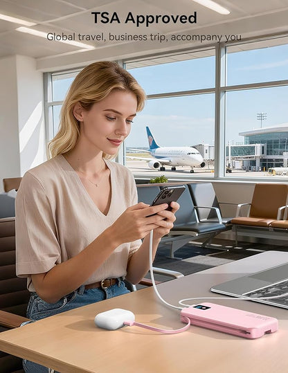 Portable Charger, 12000mAh 22.5W Fast Charging Power Bank with Built-in Cables & Wall Plug, Travel Essentials Battery Pack with LED Display, USB C External Battery Bank for iPhone iPad, Samsung Pink