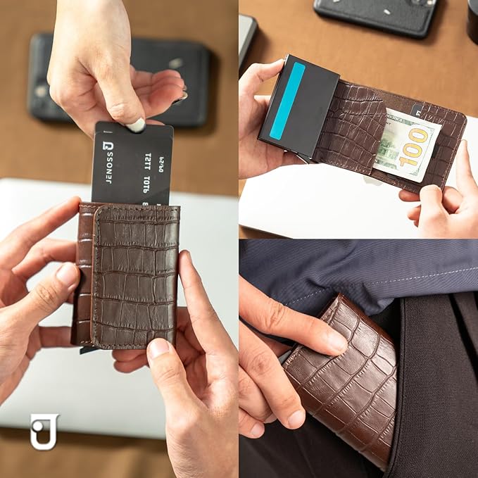 Jenoss Smart Wallet For Men: Full Grain Leather, Handcrafted, Slide Metal Pop Up Case, Slim RFID Blocking Credit Card Holder, Minimalist, Compact, 6-8 Cards Organizers, Front Pocket, Clip (Burgandy)