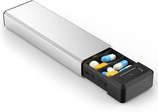 HEIYING Pill Organizer with Aluminum Shell for One Week Capacity, Portable 7 Compartments Pill Box Container to Hold Vitamin, Medicine, Supplements