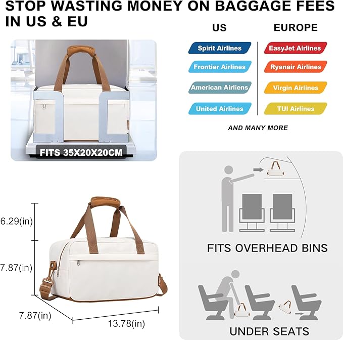 Kono Travel Duffel - 14L Under Seat Carry-On Sports Tote Gym Weekender Overnight Bag - 13.78"x7.87"x7.87" White