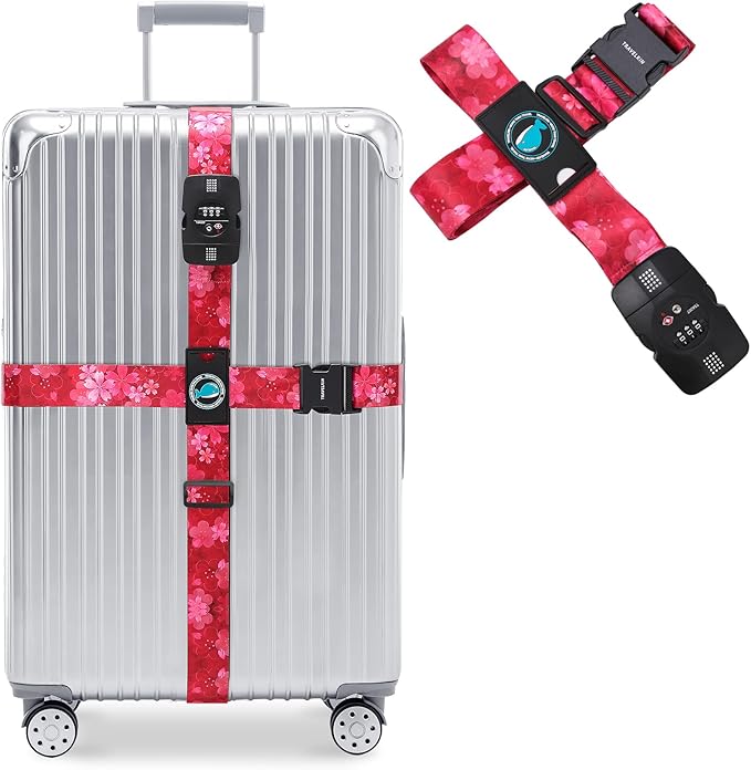 Travelkin Luggage Straps TSA Approved - Adjustable Cross Suitcase Straps with TSA Lock, Reinforced Buckle, Unique Pattern - Secure Heavy Duty Luggage Straps for Travel (Sakura)