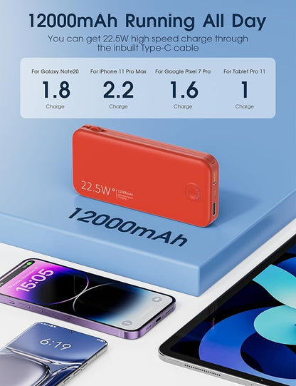 22.5W Super Fast Charging Portable Charger with Wall Plug,12000mAh USB-C Power Bank Built-in 2 Cable, Lightweight Phone Charger Travel Battery Pack for All iPhone, Samsung, Tablets