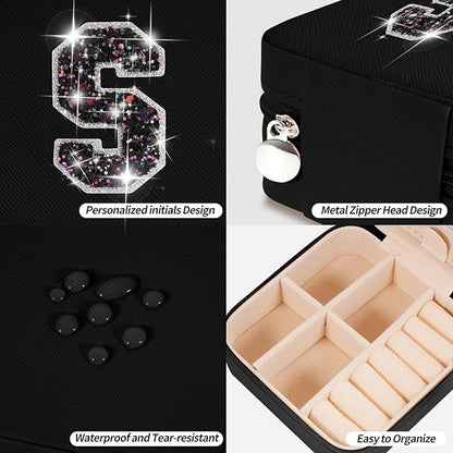 Travel Jewelry Case - Personalized Jewelry Box for Women,Small Jewelry Organizer Cute Jewelry Organizers and Storage Aesthetic,Travel Essentials Birthday Gifts for Girls Women | Black,S