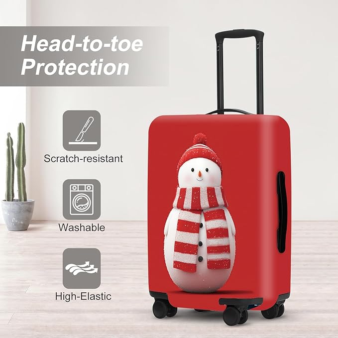 Snowman Christmas Luggage Cover - Red Background with Cute Snowman in Striped Scarf, Simple Stretchable Suitcase Cover 28 30 Inch
