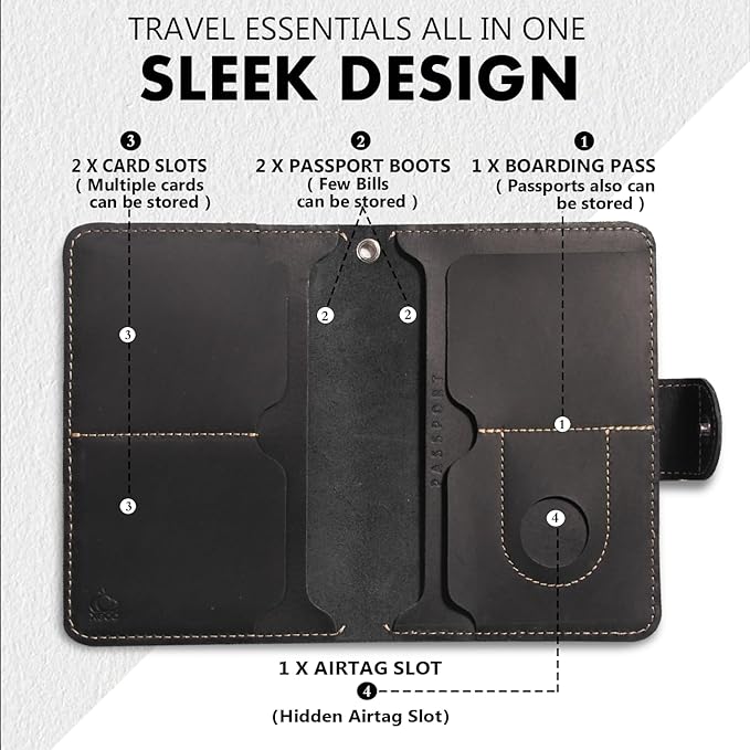Genuine Leather Passport Holder for Travel - Rfid Passport Wallet with Hidden AirTag Slot, for 2 Passport Capacity, 2 Card Slots,for Men & Women & Family - Button Bifold Hidden Airtag Slot Style,Black
