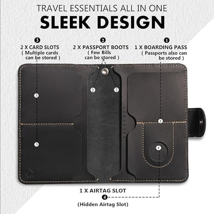 Genuine Leather Passport Holder for Travel - Rfid Passport Wallet with Hidden AirTag Slot, for 2 Passport Capacity, 2 Card Slots,for Men & Women & Family - Button Bifold Hidden Airtag Slot Style,Black