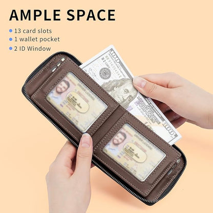 Men’s RFID Blocking Zipper Large Dimensions Wallet with 2 ID Windows - Large Capacity Design, 13 Credit Card Slots
