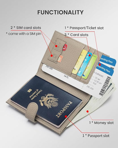 RFID Passport Holder Travel Wallet for Women, Leather Passport Cover Wallet with Card Holders SIM Slots,Zippered Coins Pocket and Cash Slot Slim Compact Travel Wallet (Eephant Grey)