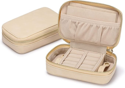 HISCOW Vegan Leather Travel Jewelry Case with Zipper - Portable Necklace & Earring Holder Organizer for Women Girls, Velvet-Lined Ring Box with Anti-Tarnish Design, Cream
