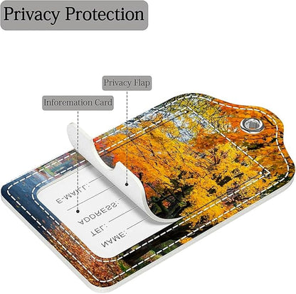 Funny PU Leather Luggage Tags 2-Pack Suitable for Suitcase Stainless Steel Loop and Address Card Essential with Cruise and Airport Travel Fallen Leaves in Autumn Cute Pattern
