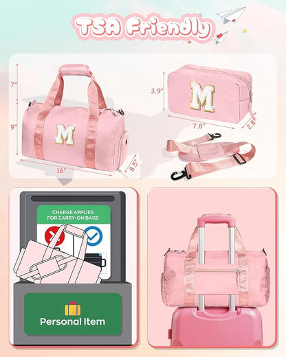 Birthday Gifts for 3 4 5 6 7 8 9 10 11 12 Year Old Girls-Girl Gym Bag with Shoe Compartment, Kid Personalized Weekender Overnight Bags, Initial Travel Tote with Makeup Pouch (Letter B)