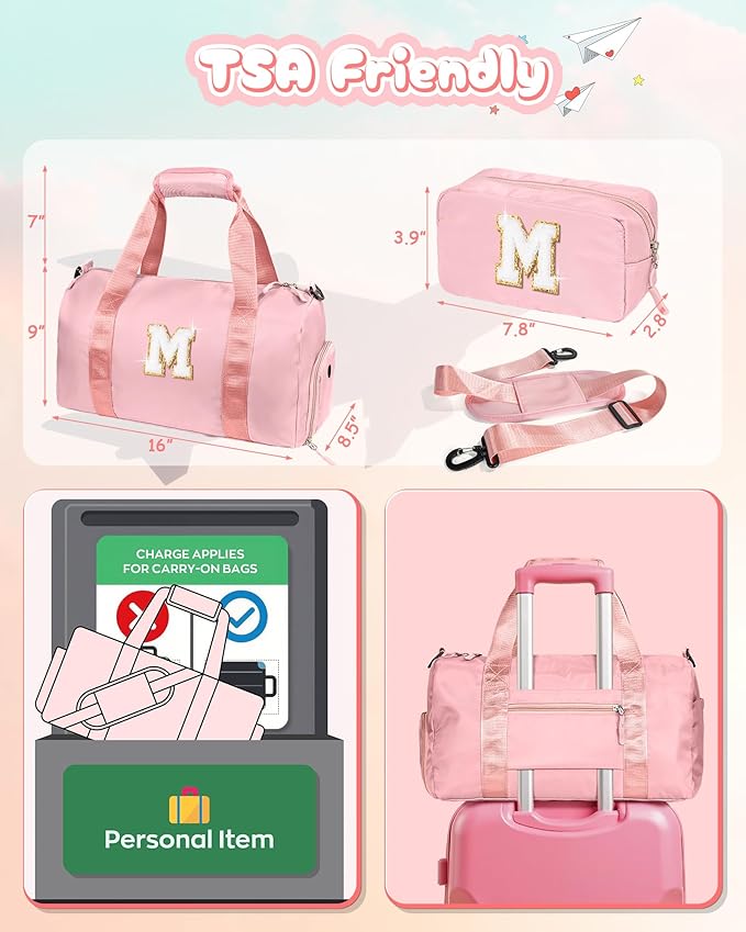 Cute Preppy Gifts for Girls-Girl Gym Bag with Shoe Compartment, Kid Personalized Weekender Overnight Bags, Initial Travel Tote with Makeup Pouch, Chenille Gift for Teen (Letter D)