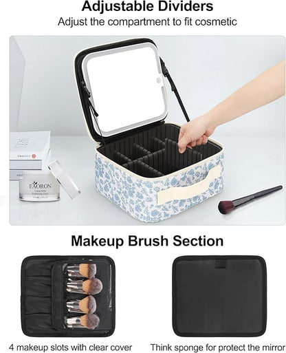 Chomeiu Makeup Bag with LED Mirror, Cute Cosmetic Bags Birthday Gifts for Girls Women, Makeup Train Case Artists Organizer Large Make Up Bags with Light Up Mirror 3 Color Lights, Floral Print