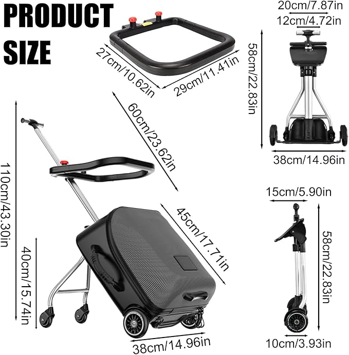 Children's Ride-On Suitcase,Kids Ride-On luggage, Kids Luggage Set, Travel Student Trolley Boarding Toy Box, 2-in-1 Case & Baby Stroller,Black
