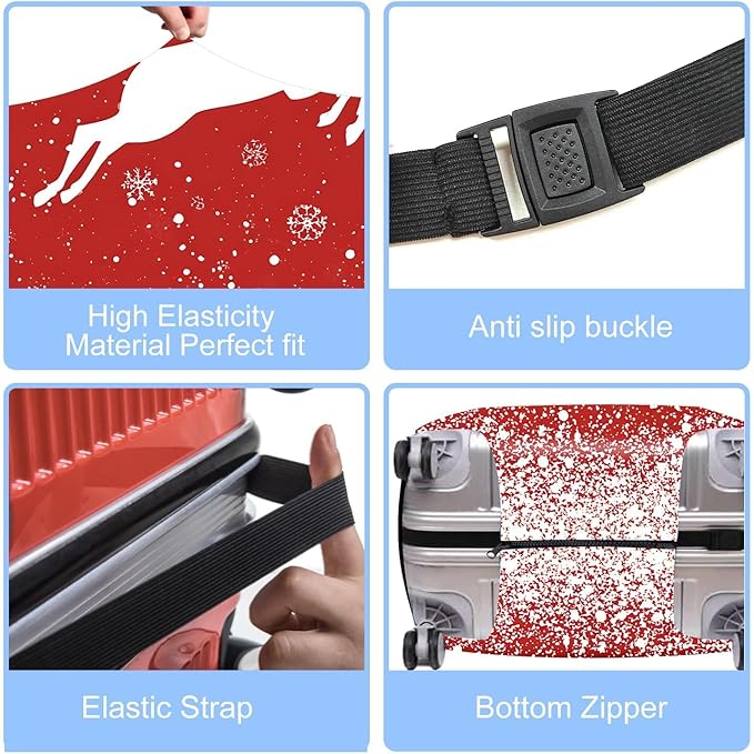 Red Christmas Deer Luggage Cover – Reindeer Suitcase Protector, Stretchable Waterproof Holiday Travel Luggage Sleeve, L