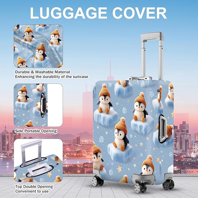 ANNA QUEEN Winter Penguin Luggage Cover, Cute Penguin on Ice Pattern Suitcase Protector, Washable Stretchable Travel Sleeve for 32-34 Inch Luggage