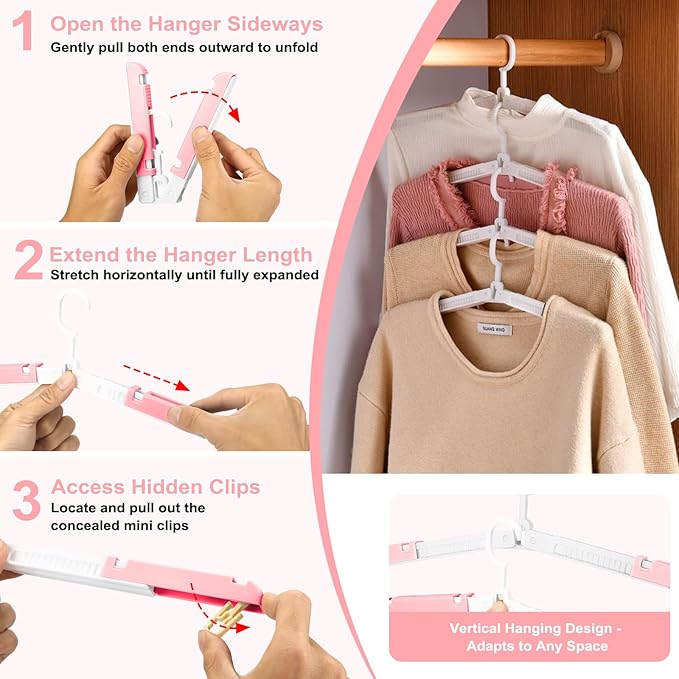 6 Pack Foldable Travel Hangers with Clips & Adjustable Clothesline, Portable Collapsible Hangers with Storage Bag for Suitcase, Hotel, RV, Cruise Essentials Set (Pink)