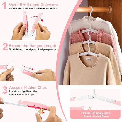 6 Pack Foldable Travel Hangers with Clips & Adjustable Clothesline, Portable Collapsible Hangers with Storage Bag for Suitcase, Hotel, RV, Cruise Essentials Set (Pink)