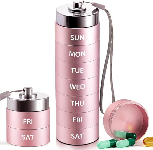 Metal Large Pill Organizer, Travel Weekly Pill Box, Portable Aluminum Alloy Waterproof Container, 7 Day Daily Medicine Organizer Holder for Vitamin, Fish Oil, Supplement Organizer, Pink